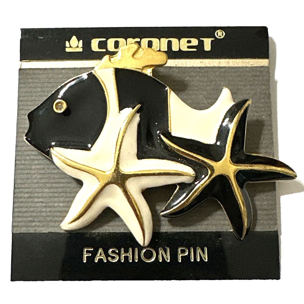 New Coronet Fish & Starfish Brooch Enamel Black White Gold Pin 2 1/2" NWT NOS